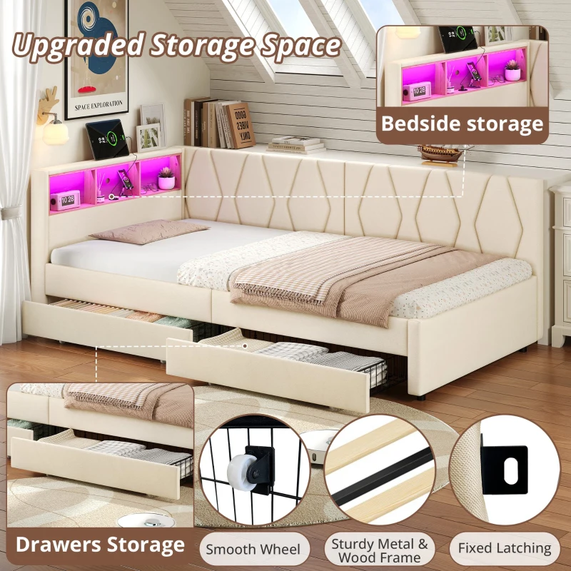 Single Daybed with Storage Drawers, LED Headboard and Charging Station, Linen Sofa Bed Ideal for Compact Rooms, 200L x 97W x 82H cm, Beige