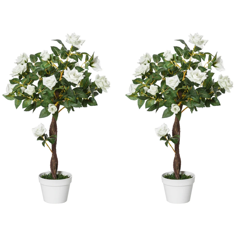 Outsunny Set 2 Alberelli di Rose Finte Alte 90cm con 21 Fiori e Vaso, Bianco e Verde