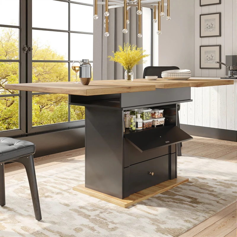 Telescopic Foldable Kitchen Table for 4-6 People with Soft-Close System, Dining Table with Hidden Storage, 110L x 80W x 75H cm, Black+Natural