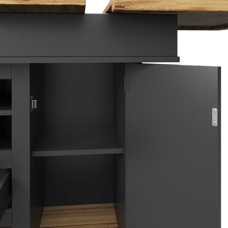 Extendable Dining Table with Modern Design for 4-6 People, Kitchen Table with Wine Rack and Drawers, 110L x 80W x 75H cm, Black+Natural