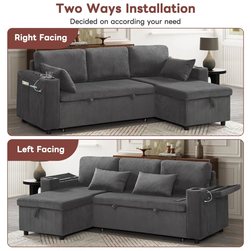 3-in-1 Convertible Corduroy Sofa Bed with Chaise and Charging Station, L-Shaped Sleeper Sofa with Armrest, 205L x 128W x 79H cm, Grey