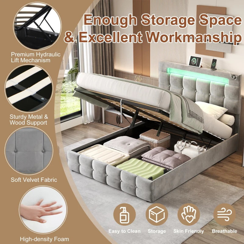 Double Upholstered Bed Frame with Hydraulic Storage, Velvet Bed with LED Lighting and Charging Station, 202.5L x 142W x 108H cm, Grey