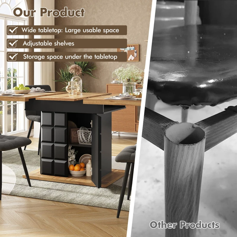 Telescopic Extendable Dining Table with Checked Pattern, Foldable Kitchen Table for 4-6 People, 110-140L x 80W x 75H cm, Black+Natural