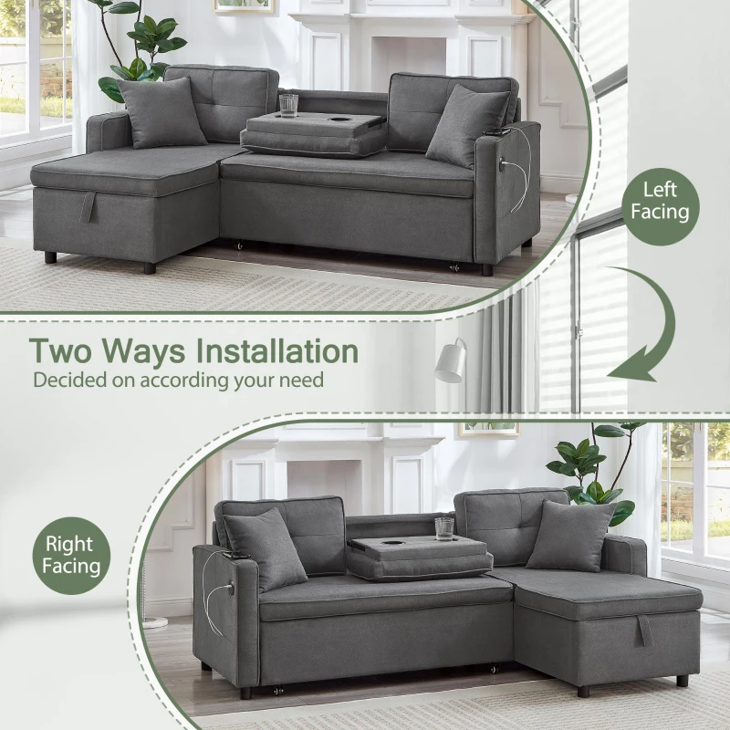 L-Shaped Convertible Sofa Bed with Reversible Chaise, Storage, Sleeper Sofa Ideal for Space-Saving Rooms, 196L x 126W x 79H cm, Grey