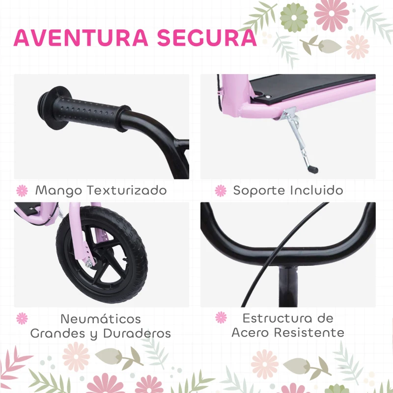 HOMCOM Patinete para Niños de 5-12 Años Scooter de 2 Ruedas Grandes de 12 Pulgadas con Freno y Manillar Ajustable en Altura Carga Máx. 50 kg 120x52x80-88 cm Rosa(m-5)