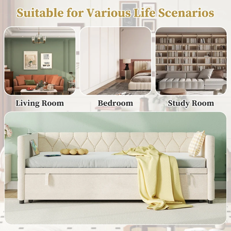 Upholstered Daybed with Charging Station, USB and Type-C Ports, Button-tufted Sofa Bed Perfect for Compact Room, 206L x 193W x 71H cm, Beige