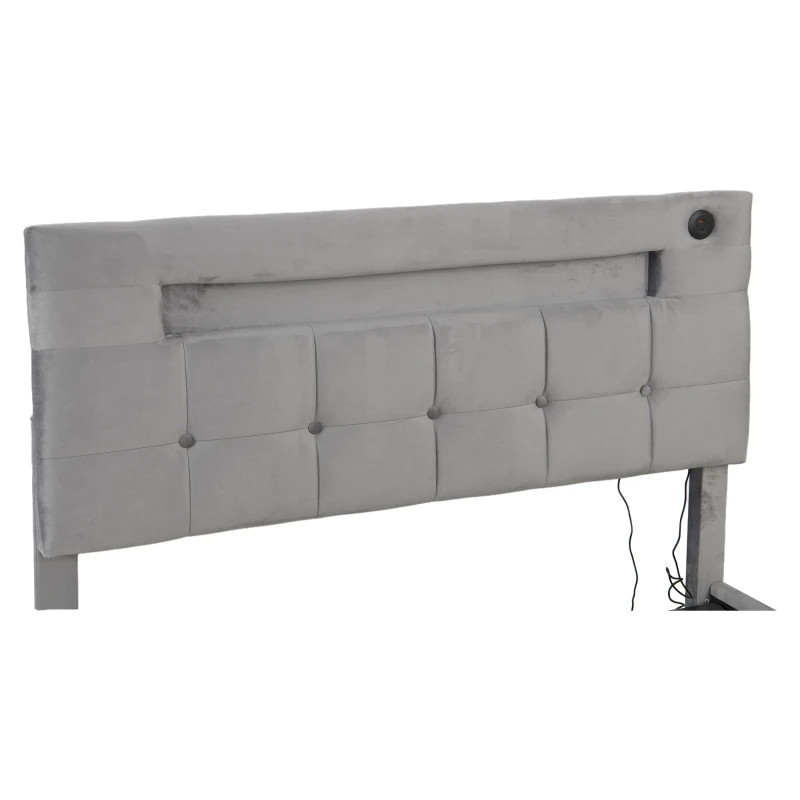 Double Upholstered Bed Frame with Hydraulic Storage, Velvet Bed with LED Lighting and Charging Station, 202.5L x 142W x 108H cm, Grey
