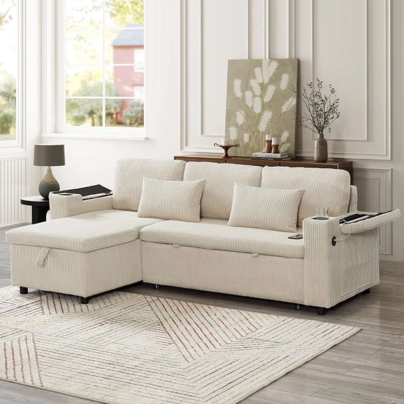 3-in-1 Convertible Corduroy Sofa Bed with Storage and Charging Station, L-Shaped Sleeper Sofa with Armrest, 205L x 128W x 79H cm, Beige