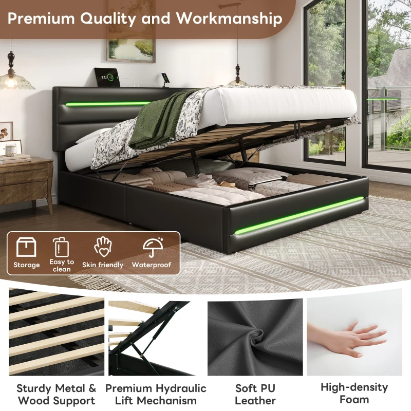 King Upholstered Bed Frame with Hydraulic Storage and LED Lighting, Bedside Equipped with Type-C and USB ports, 210L x 160W x 110H cm, Black