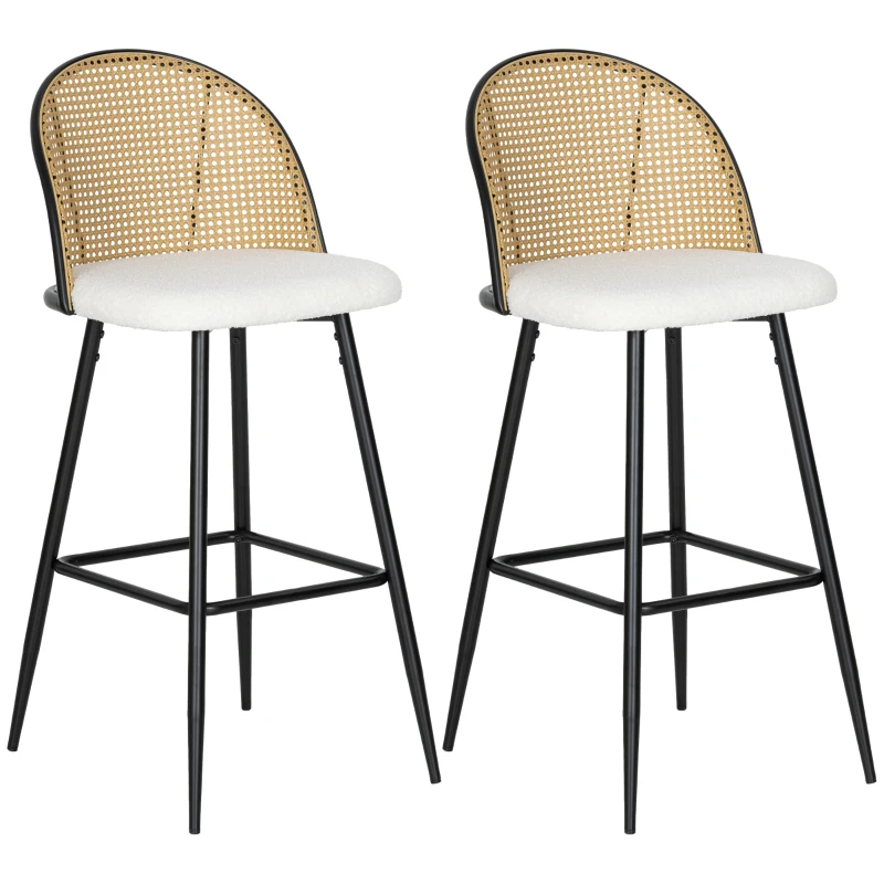 HOMCOM Conjunto de 2 Bancos de Bar Bancos Altos de Cozinha com Encosto de Vime Assento Estofado em Borrego 48x54x102 cm Creme