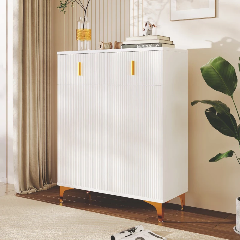 Elegant Sideboard with Adjustable Shelves and Gold-Plated Accents, Cabinet Ideal for Space-Saving Room, 83L x 35W x 101H cm, White+Gold