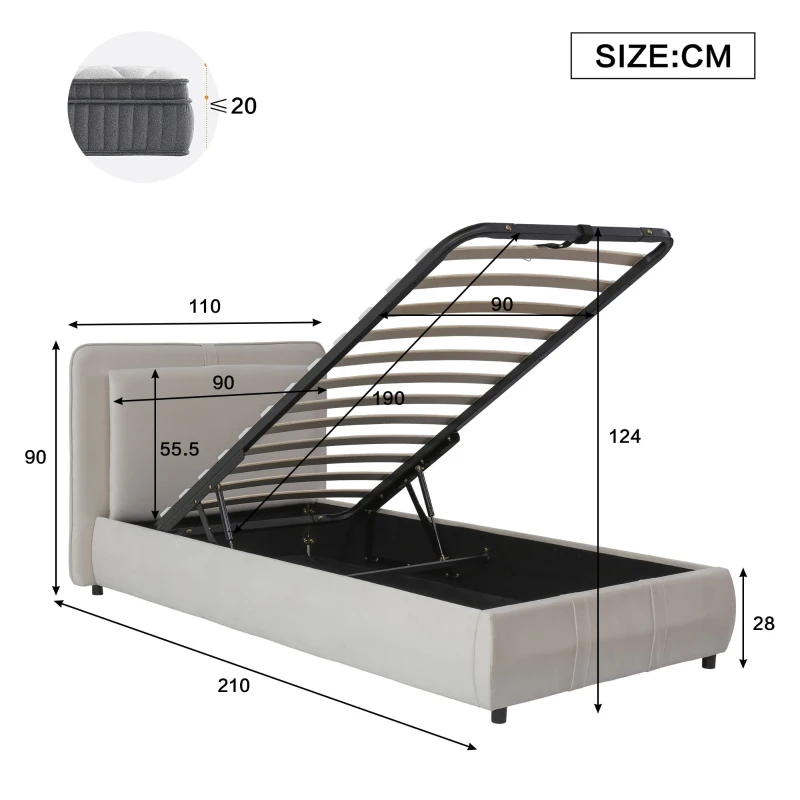 Upholstered Hydraulic Bed with Storage and Removable Headboard, Crafted Headboard with Velvet and Plywood, 210L x 110W x 90H cm, Beige