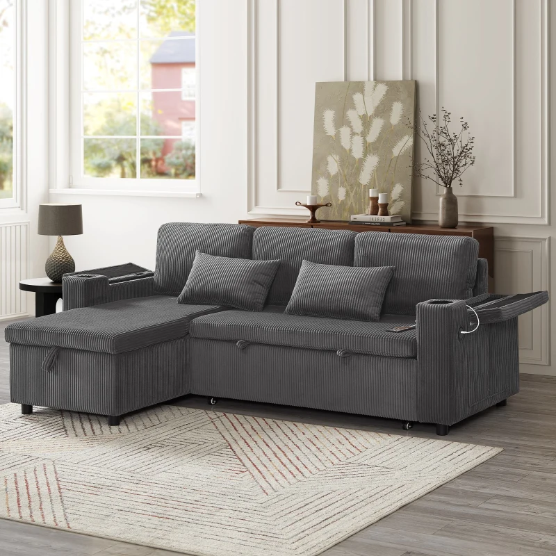 3-in-1 Convertible Corduroy Sofa Bed with Chaise and Charging Station, L-Shaped Sleeper Sofa with Armrest, 205L x 128W x 79H cm, Grey