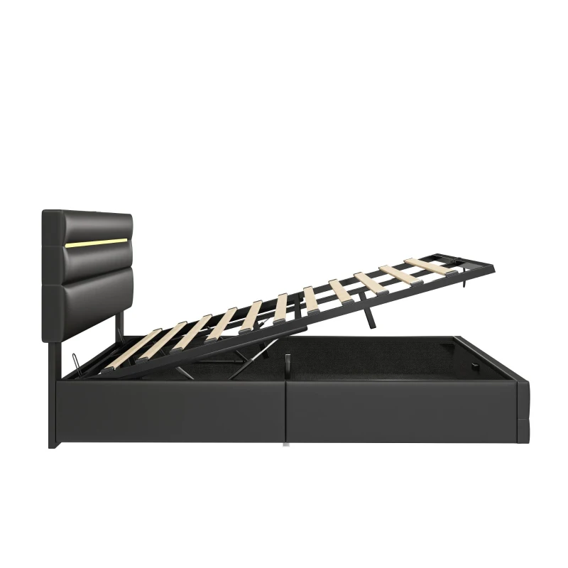 King Upholstered Bed Frame with Hydraulic Storage and LED Lighting, Bedside Equipped with Type-C and USB ports, 210L x 160W x 110H cm, Black
