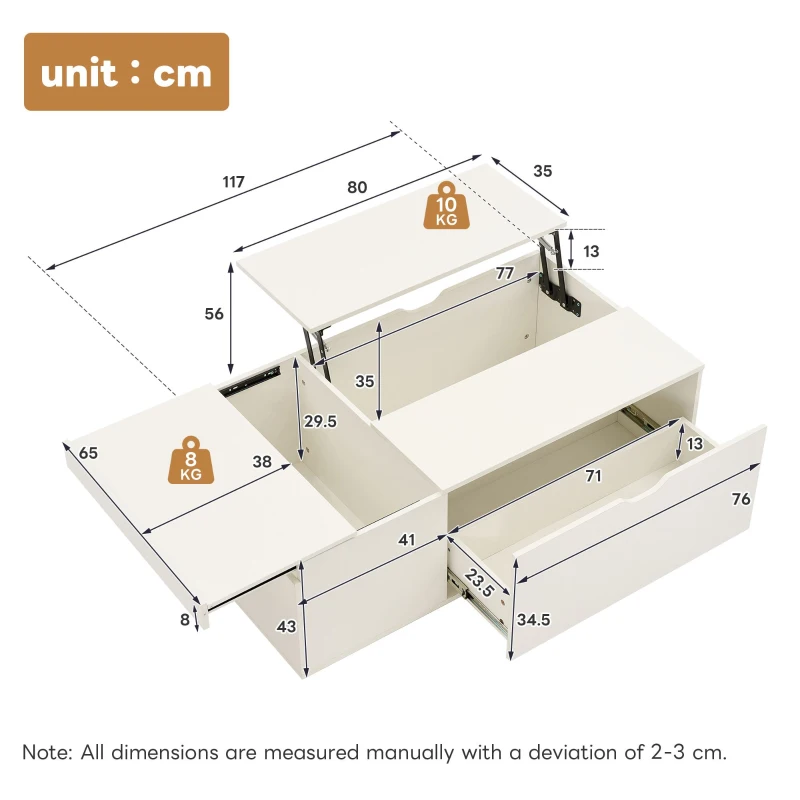 Lift Up Coffee Table with Hydraulic Mechanism, Wooden Tea Table with Drawer and Hidden Storage, 117L x 65W x 43H cm, White