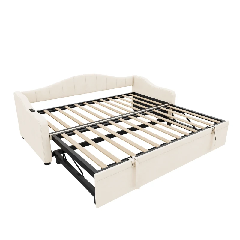 Velvet Upholstered Daybed with USB and Type-C Charging Ports, Convertible Sofa Bed with Pull-Out Trundle, 202L x 193W x 78H cm, Beige