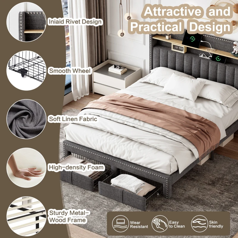 Double Upholstered Bed with Storage Drawers, Charging Ports, Linen Platform Frame with LED Night Light, 205L x 142.5W x 122H cm, Grey