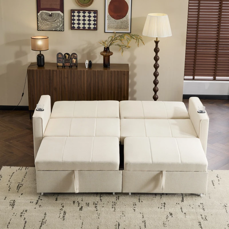 Versatile Sofa Bed with King-Size Independent Pull-Out and Fabric Design, Sleeper Sofa with Cup Holders and Pockets, 207L x 87W x 96H cm, Beige