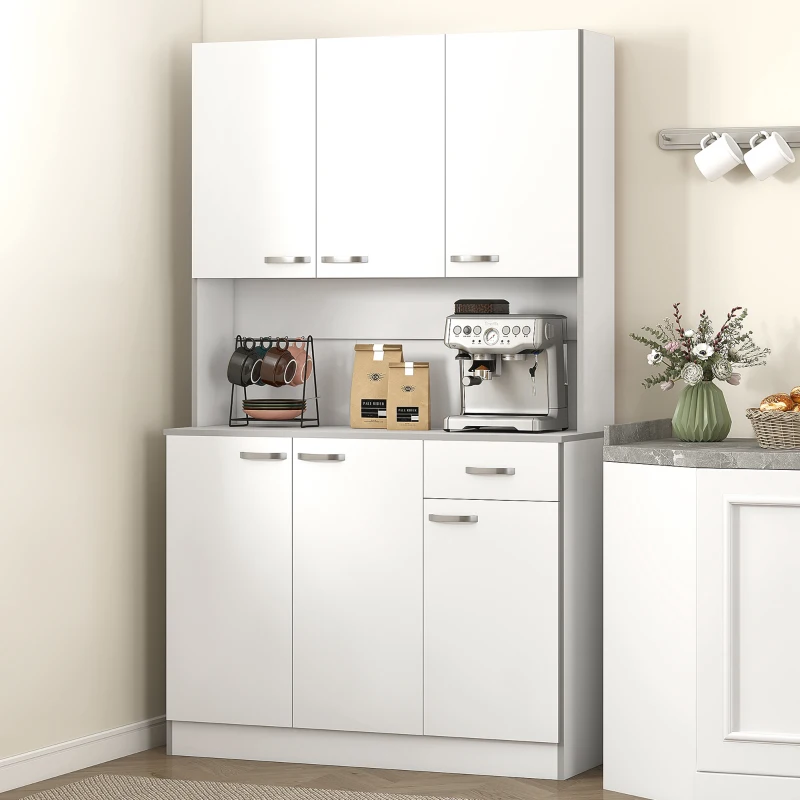 HOMCOM Alacena de Cocina Aparador de Comedor con 1 Cajón 6 Puertas y Estantes Ajustable Estilo Moderno 101x39x180 cm Blanco(m-10)