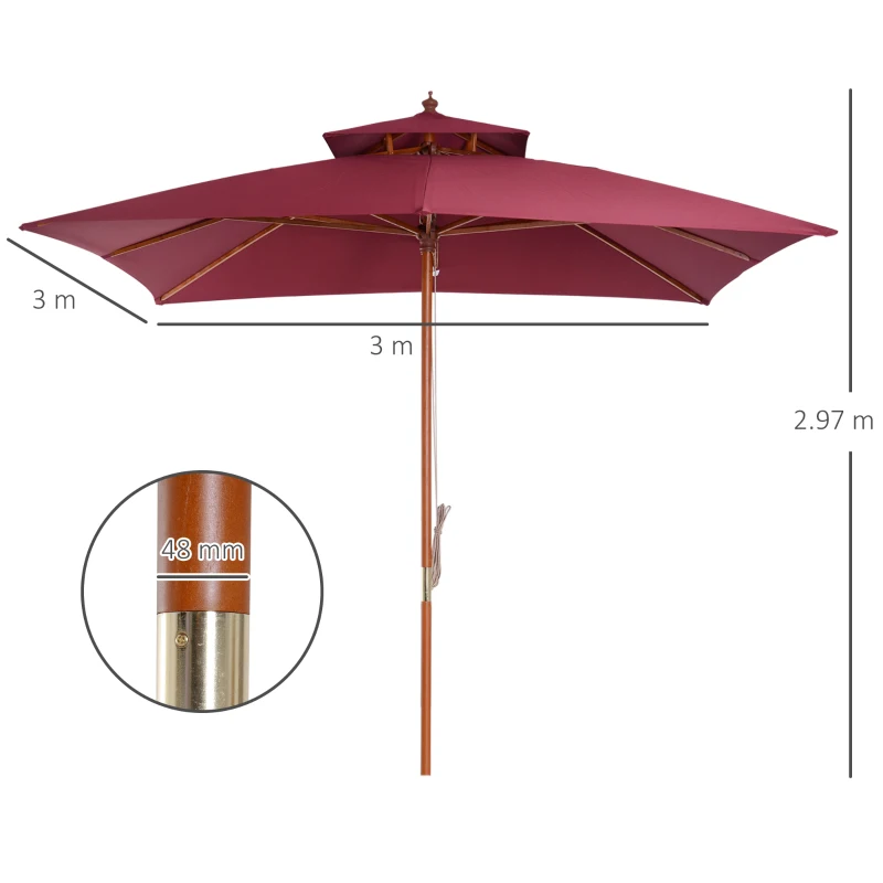 Outsunny 3 m 2 Tier Umbrella Parasol-Wine Red