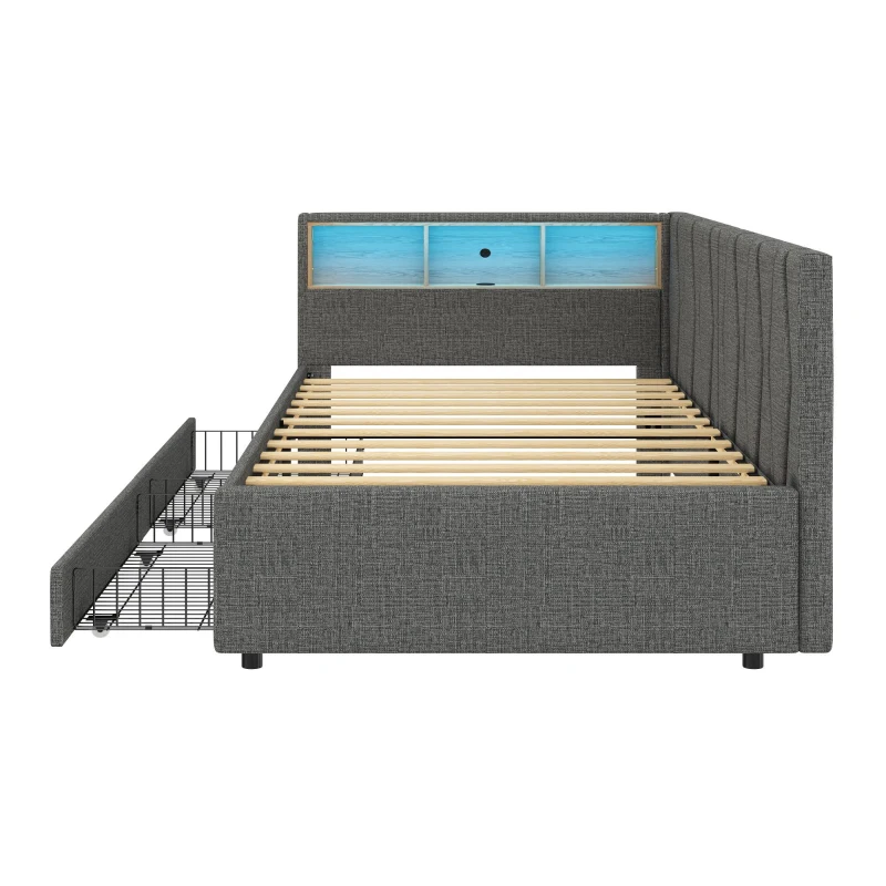 Single Daybed with Storage Drawers, LED Headboard, Charging Station, Linen Sofa Bed Ideal for Compact Rooms, 200L x 97W x 82H cm, Grey