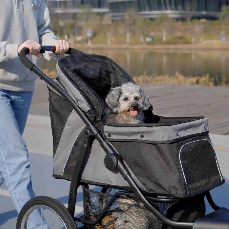 PawHut Carrito para Perros Medianos Pequeños con Cesta de Almacenaje Capota Ajustable y Ventana de Malla 111x58x107 cm Gris