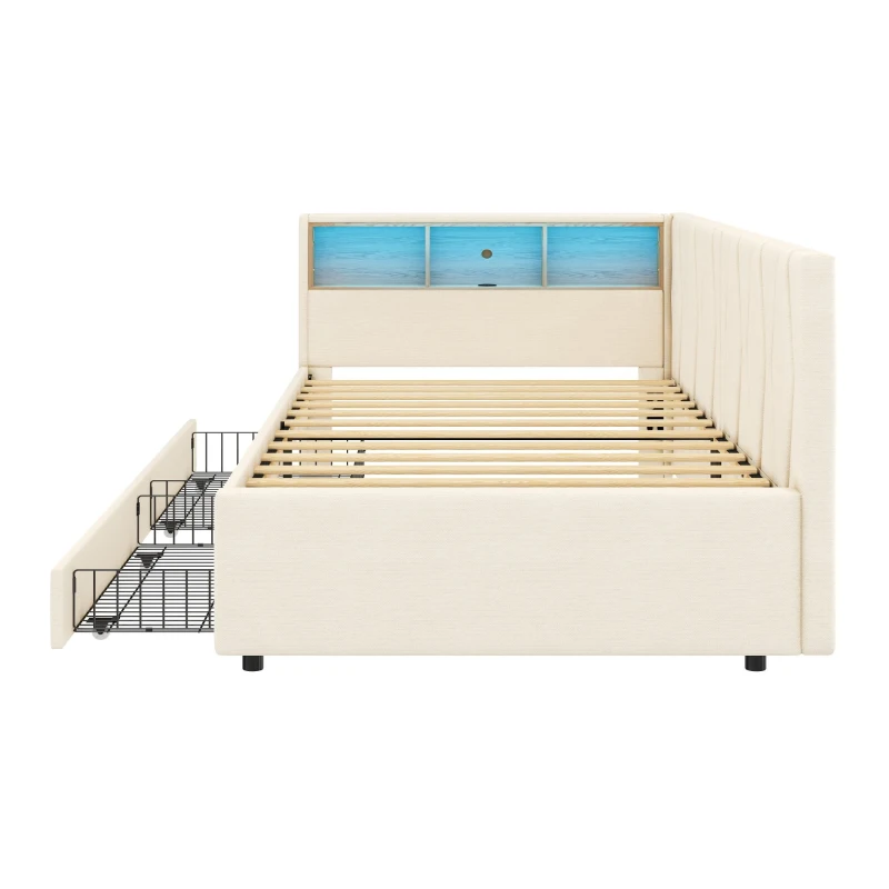 Single Daybed with Storage Drawers, LED Headboard and Charging Station, Linen Sofa Bed Ideal for Compact Rooms, 200L x 97W x 82H cm, Beige
