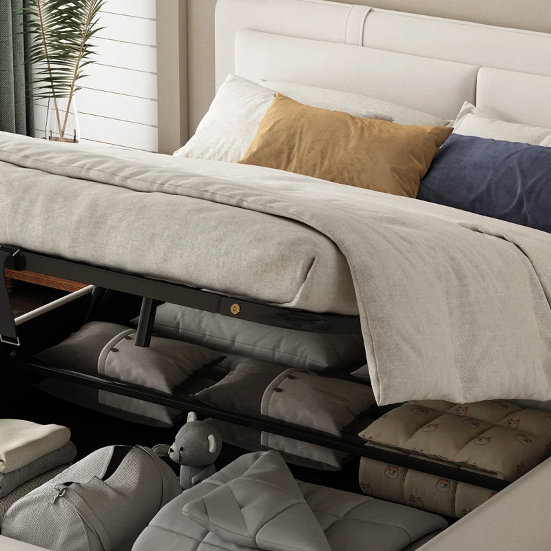 Upholstered Double Bed with Hydraulic Storage and Headboard, Full-Size Bed Ideal for Storing Bedding, 210L x 159W x 90H cm, Beige