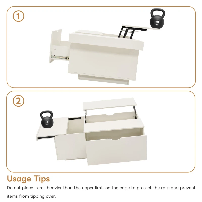 Lift Up Coffee Table with Hydraulic Mechanism, Wooden Tea Table with Drawer and Hidden Storage, 117L x 65W x 43H cm, White
