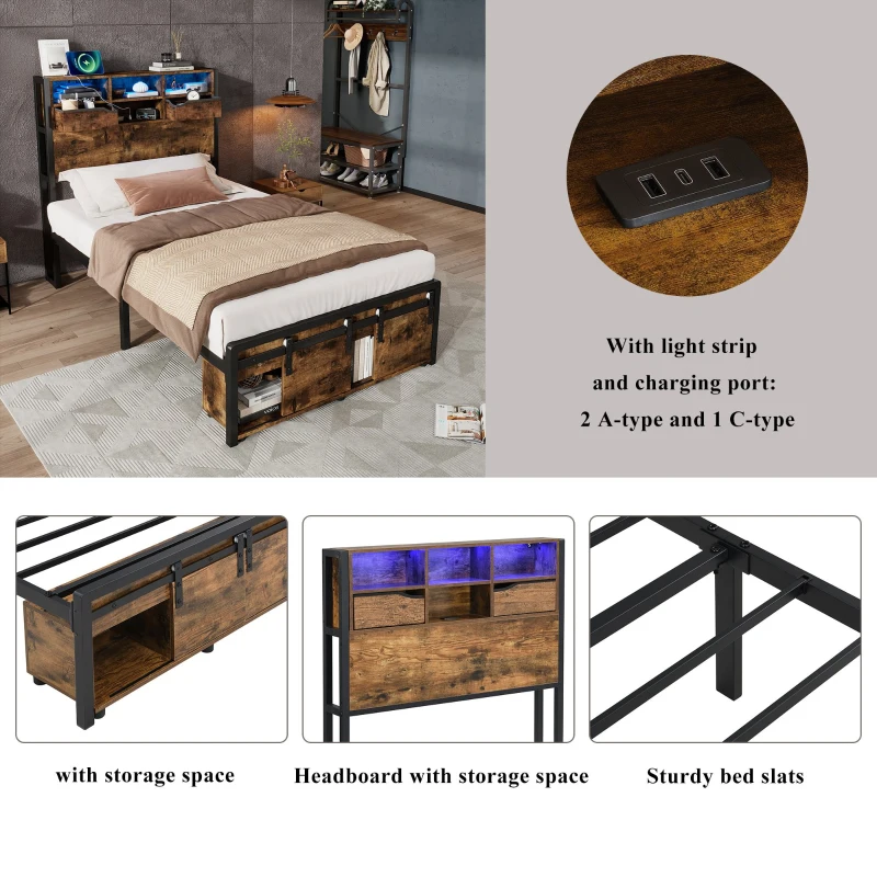 Modern Metal Single Bed with LED Lights and Charging Ports, Crafted Headboard with Sturdy Iron Slats, 209L x 90.5W x 114.5H cm, Black+Natural