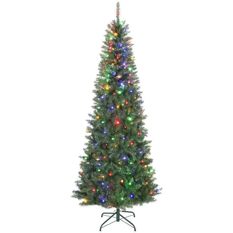 HOMCOM Pom de Crăciun Artificial de 210 cm cu Lumini Incorporate Albe și Colorate în 9 Moduri și 1273 Ramuri Ignifuge, Brad de Crăciun Realist și Des cu Bază Metalică Pliabilă pentru Acasă