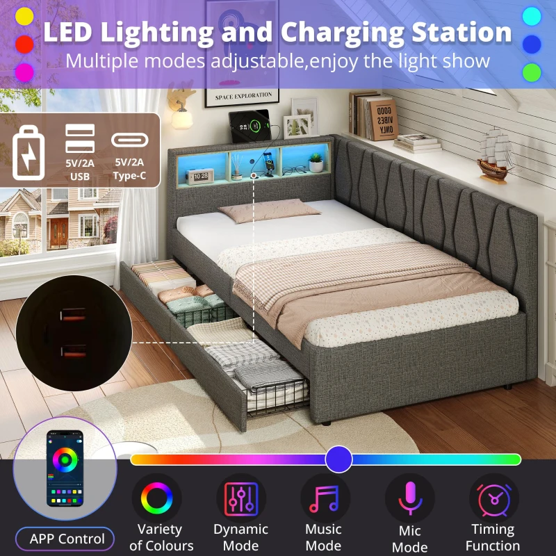 Single Daybed with Storage Drawers, LED Headboard, Charging Station, Linen Sofa Bed Ideal for Compact Rooms, 200L x 97W x 82H cm, Grey