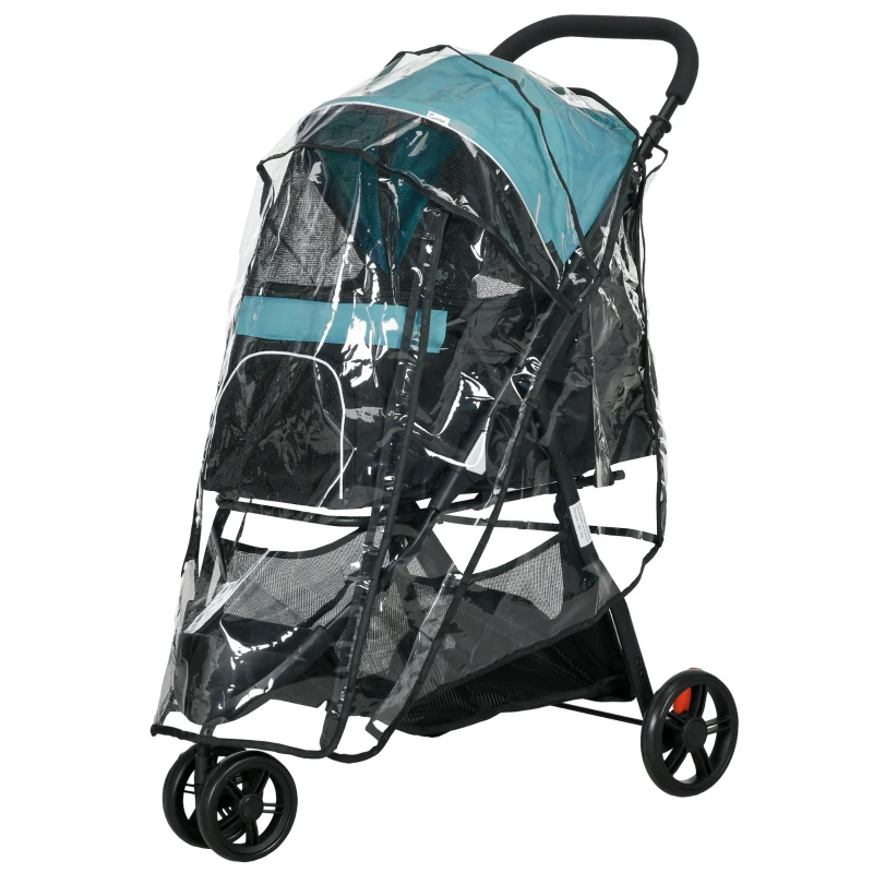 PawHut Cărucior pentru Câini cu 3 Roți, Cărucior Pliant cu Husă de Ploaie, Coș și Curea, 80,5x51,5x100 cm, Verde Închis