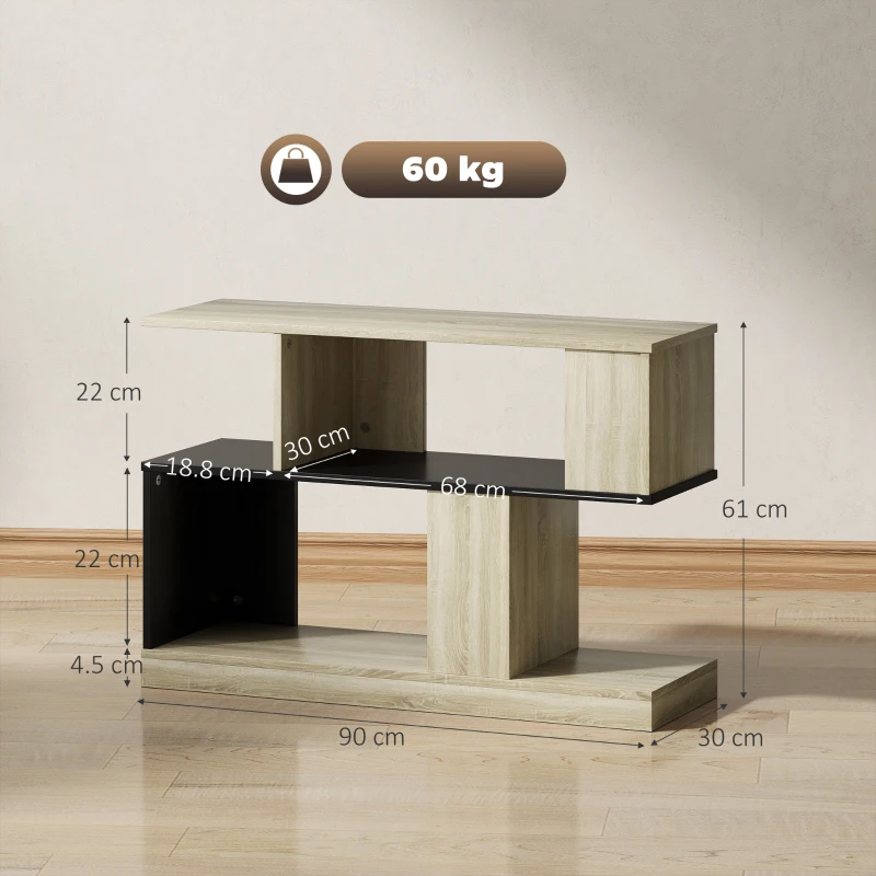 HOMCOM Tavolino a forma S, a 3 livelli con scaffali, 90 x 30 x 61 cm, Legno naturale e nero