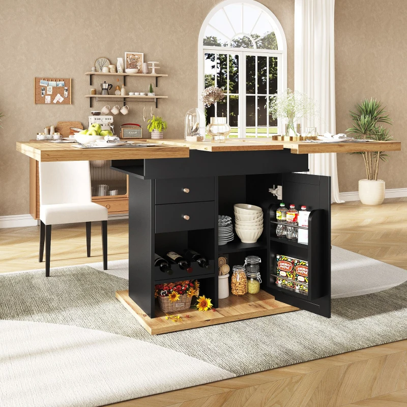 Telescopic Dining Table with Snack Shelf and Wine Rack for 4-6 People, Kitchen Table for Modern Living, 110L x 80W x 75H cm, Black+Natural