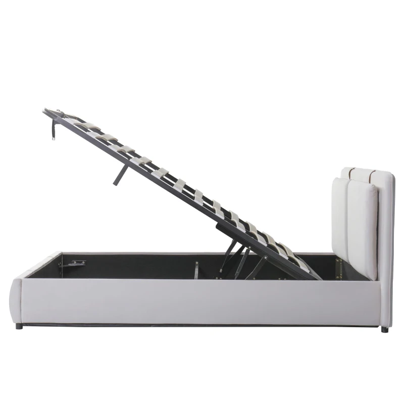 Upholstered Double Bed with Hydraulic Storage and Headboard, Full-Size Bed Ideal for Storing Bedding, 210L x 159W x 90H cm, Beige