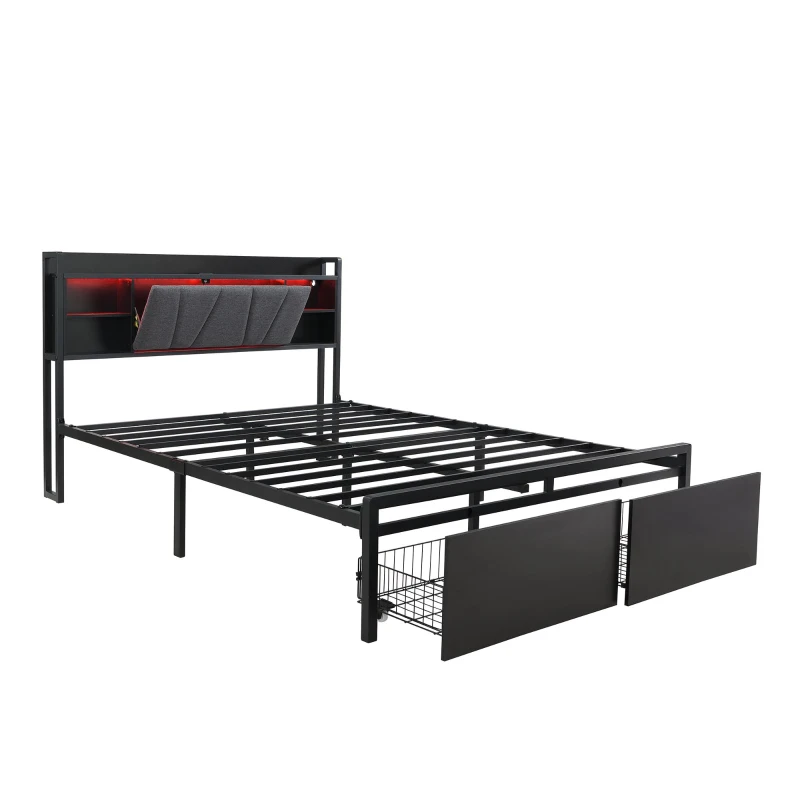 Metal Bed with LED Lights and Charging Ports, Bed Frame with Wheeled Drawers, Padded Storage, 209L x 137.5W x 100H cm, Black