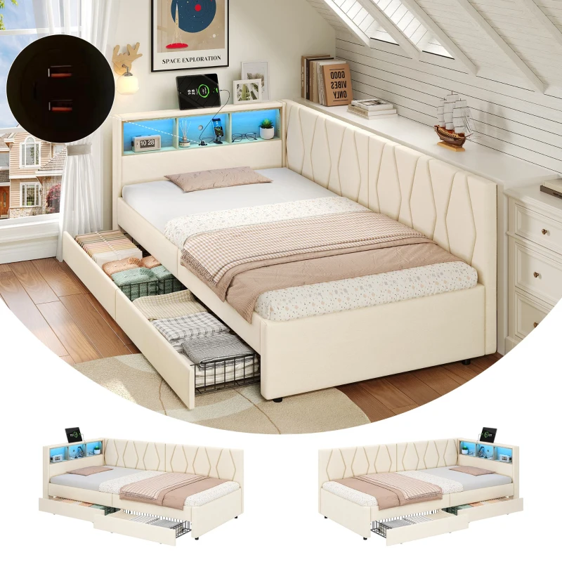 Single Daybed with Storage Drawers, LED Headboard and Charging Station, Linen Sofa Bed Ideal for Compact Rooms, 200L x 97W x 82H cm, Beige