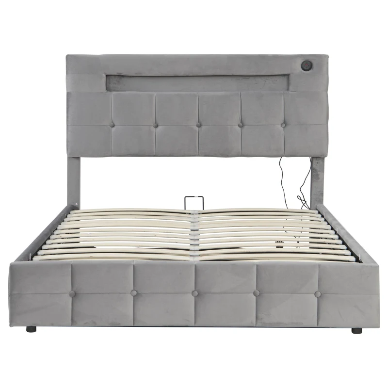 Double Upholstered Bed Frame with Hydraulic Storage, Velvet Bed with LED Lighting and Charging Station, 202.5L x 142W x 108H cm, Grey