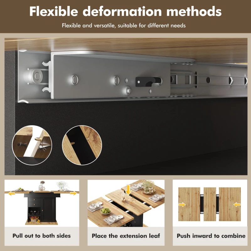 Telescopic Dining Table with Snack Shelf and Wine Rack for 4-6 People, Kitchen Table for Modern Living, 110L x 80W x 75H cm, Black+Natural