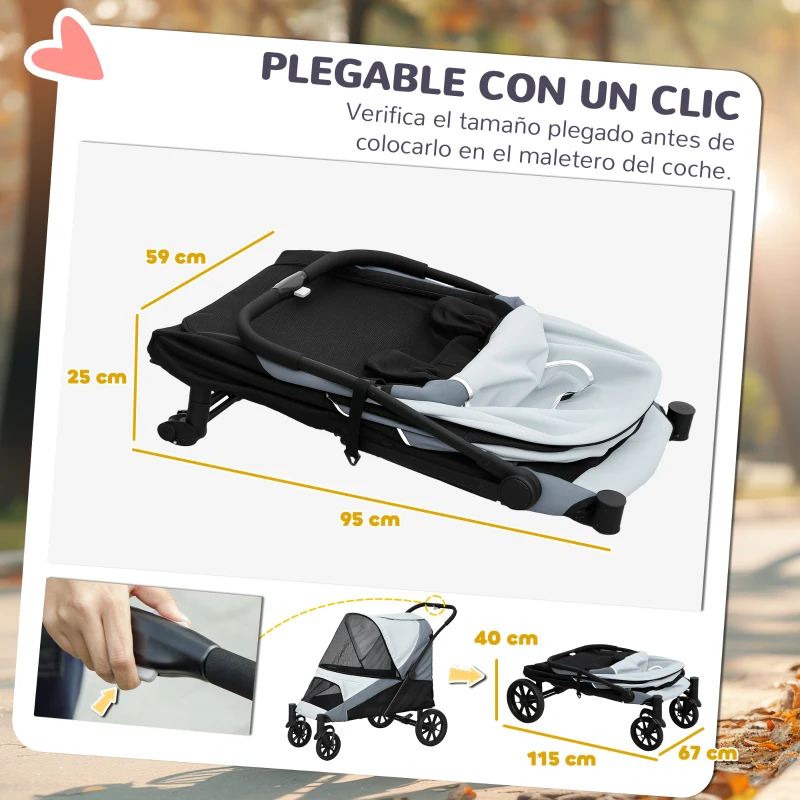 PawHut Cochecito Plegable para Mascotas con Ventanas de Malla Cojín Acolchado para Perros de hasta 30 kg 124x67x100 cm Gris(m-5)