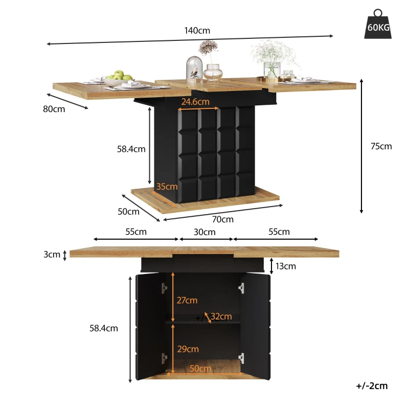 Telescopic Extendable Dining Table with Checked Pattern, Foldable Kitchen Table for 4-6 People, 110-140L x 80W x 75H cm, Black+Natural