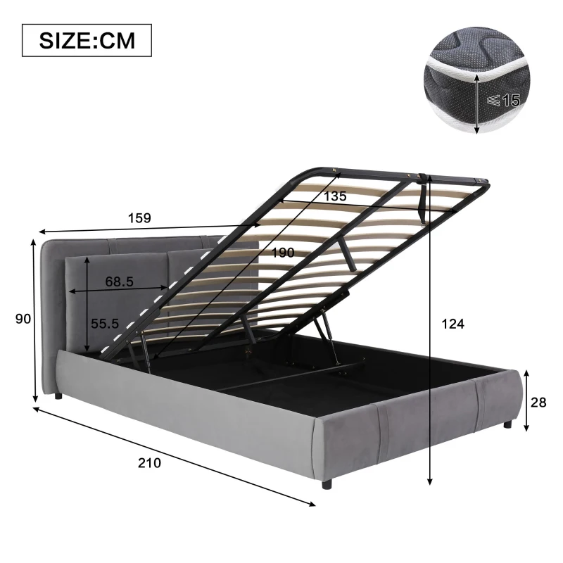 Upholstered Hydraulic Bed with Storage and Removable Headboard, Crafted Headboard with Velvet and Plywood, 210L x 159W x 90H cm, Grey