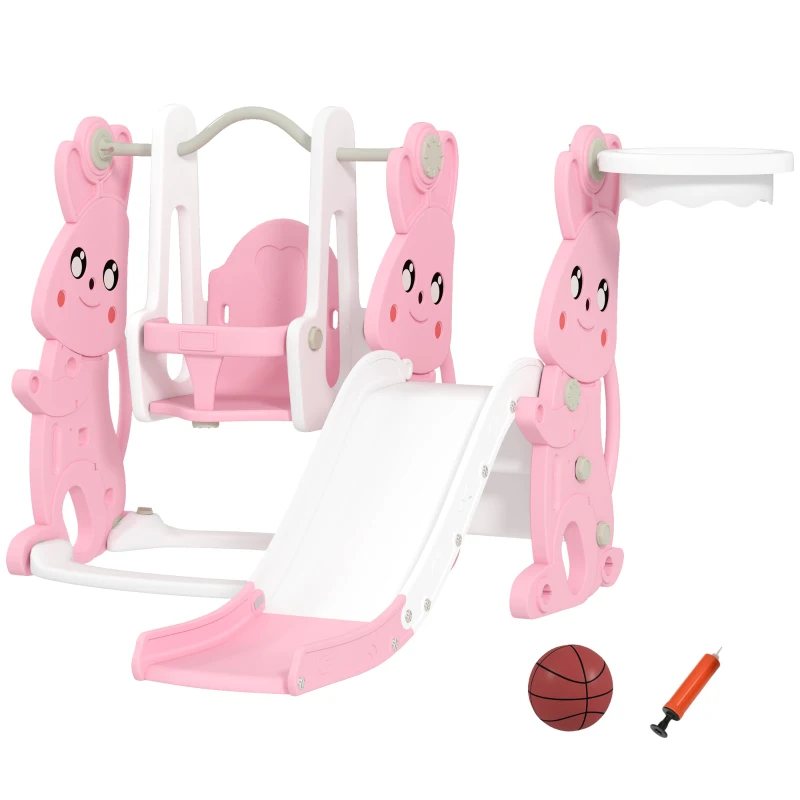 AIYAPLAY Toboggan et balançoire pour enfants 4 en 1 avec panier de basket, toboggan, balançoire, 147,5x160x107cm, rose