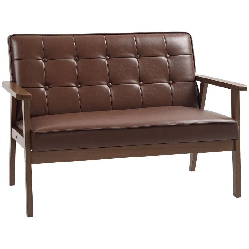 HOMCOM Sofá de 2 Lugares Estofado em Couro PU com Apoio para os Braços de Madeira para Sala de Estar Dormitório115x70x81 cm Marrom