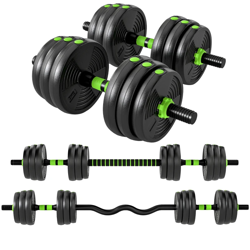 SPORTNOW Ensemble d'Haltères Ajustables 20 kg 3 en 1 avec Barres de Connexion et Poignées Antidérapantes pour Gymnase à Domicile Vert