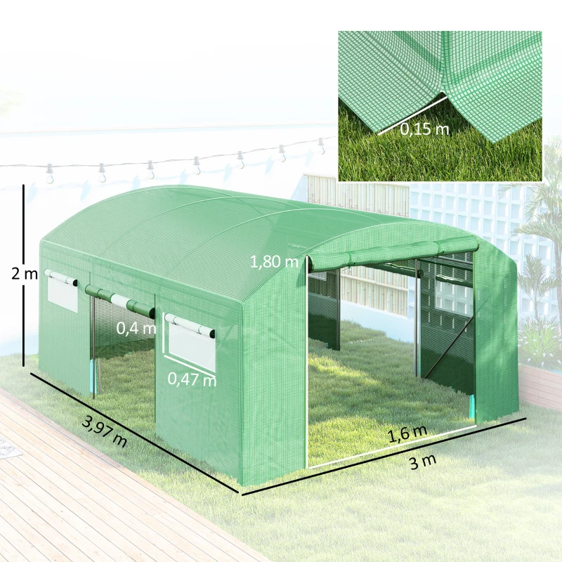 Outsunny Estufa tipo Túnel 397x300x200 cm Estufa de Exterior com 4 Janelas de Malha Cobertura de PE Anti UV e 3 Portas Enroláveis Verde