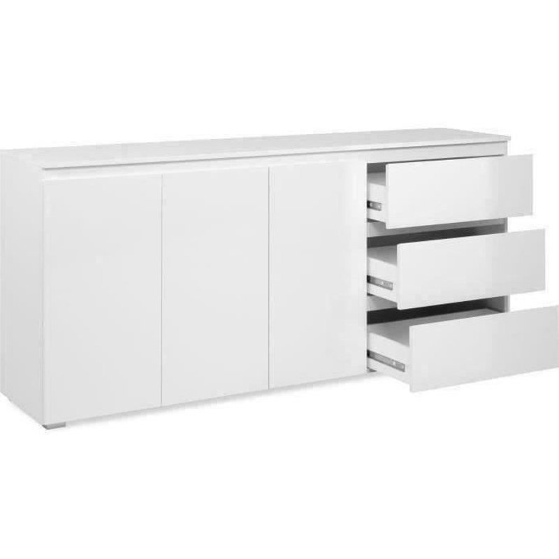 Buffet Capetown - Décor blanc brillant - Panneaux de particules - 3 portes - 3 étageres - 3 tiroirs - 179 x 80,5 x 40 cm