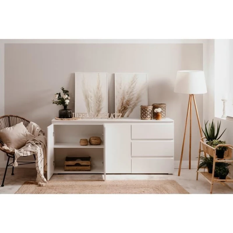 Buffet Capetown - Décor blanc brillant - Panneaux de particules - 3 portes - 3 étageres - 3 tiroirs - 179 x 80,5 x 40 cm