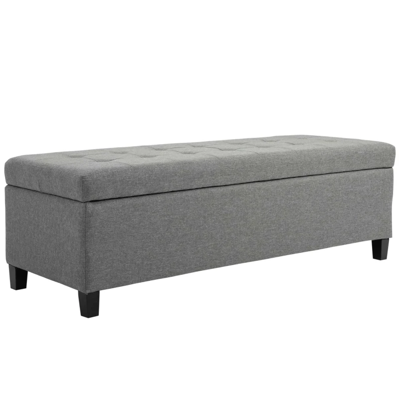 HOMCOM Storage Ottoman, Linen Upholstered End of Bed Bench, Padded Footrest with Button Tufting, Hinged Lid and Wood Frame, Grey